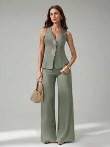 SHEIN Tall 2件套女士无袖开衫背心和休闲裤套装 - 薄荷綠 - 查看 3