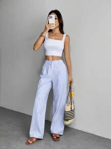 SHEIN PETITE Pantaloni dritti a gamba dritta con motivo a strisce H, di moda per l'estate, adatti alle donne