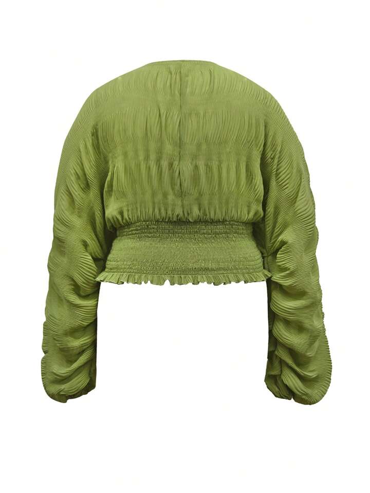 INAWLY 1pc Plus Size Women's Pleated Batwing Sleeve Casual Chiffon Blouse