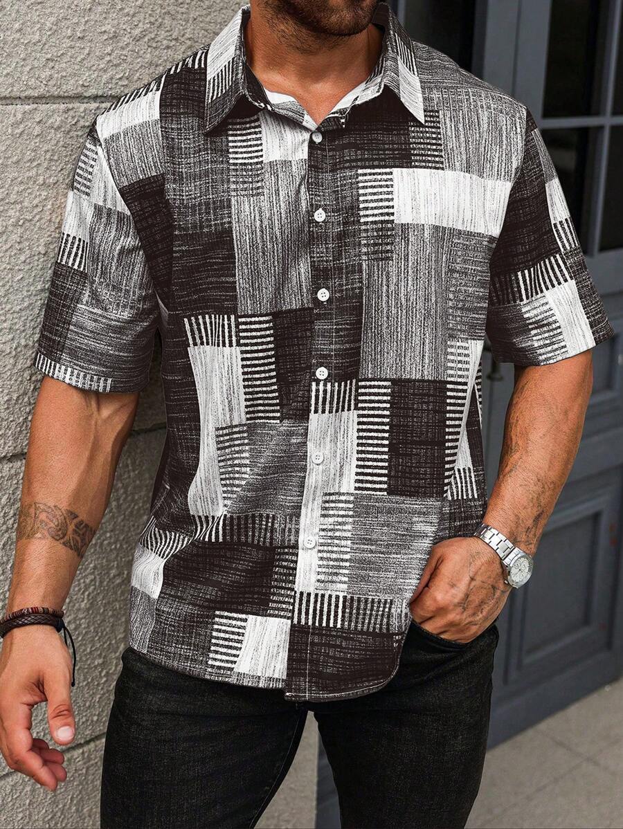Manfinity Homme Plus Size Men's All-Over Print Button Front Short Sleeve Shirt For Summer - Multicolor - View 1