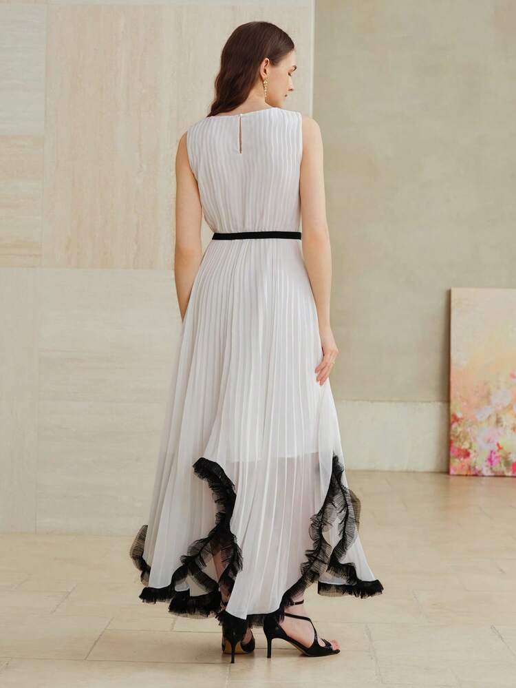 CHIFFON BELTED ASYMMETRICAL CONTRAST TRIM PLEATED DRESS