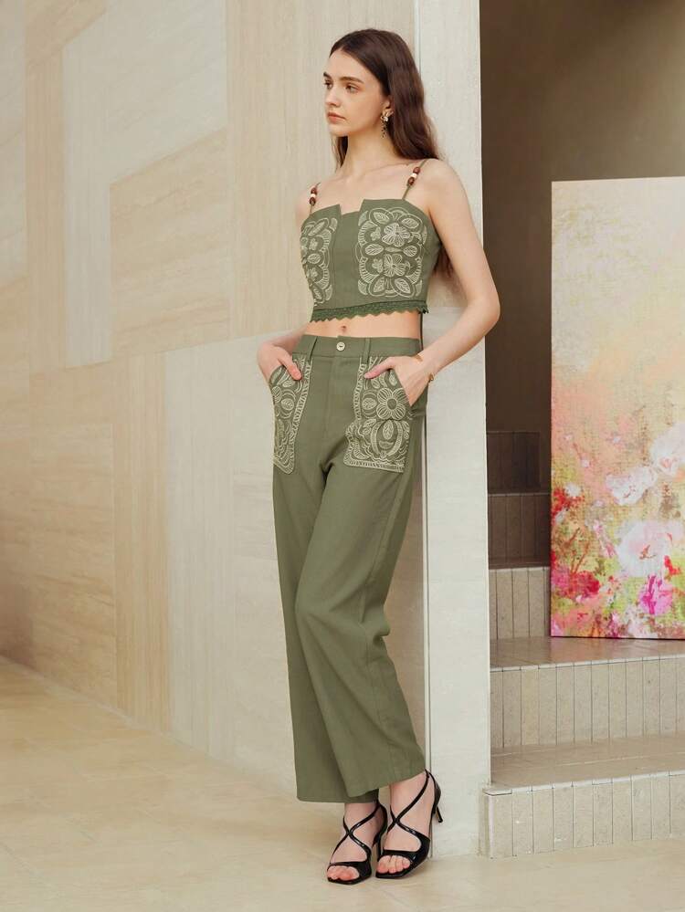 LINEN EMBROIDERY SLANT POCKET PANTS