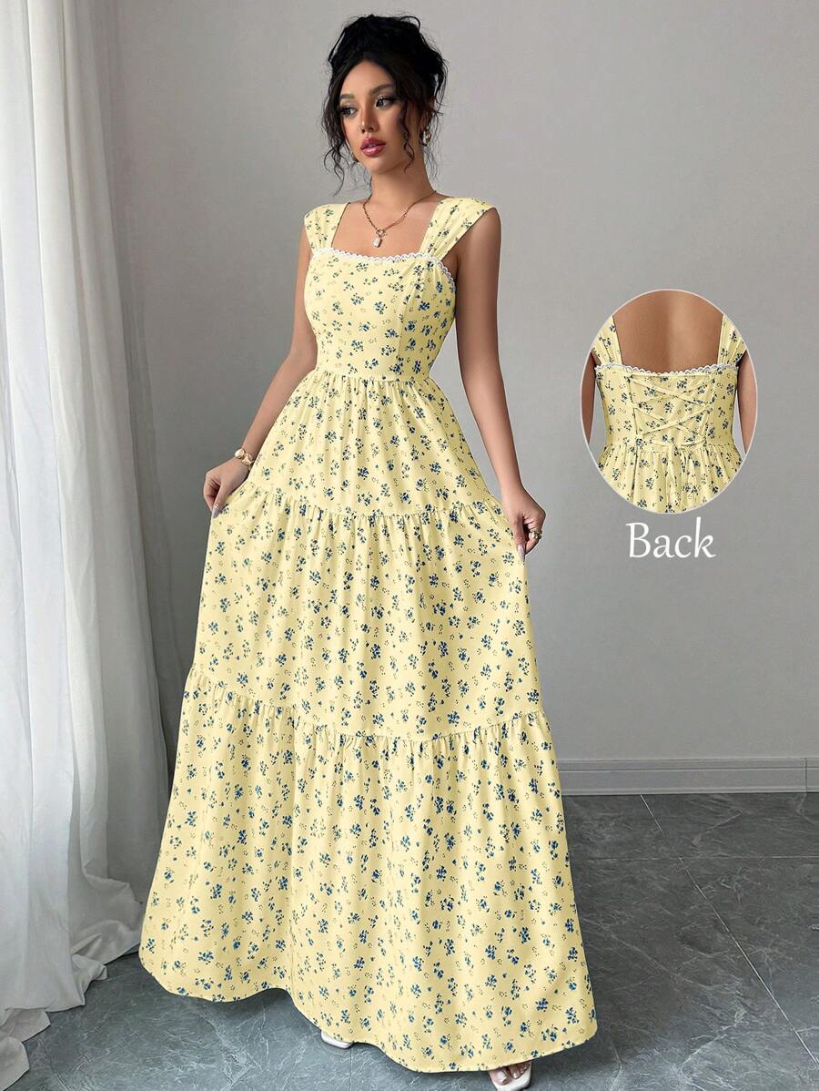 Selianne 女式束腰花卉印花无袖花卉连衣裙，优雅度假休闲通勤百搭风格婚纱长裙春夏季超长连衣裙，演唱会女装，优雅适合日常通勤、音乐节、节日装/音乐节/德比裙 - 淡黃色 - 查看 1