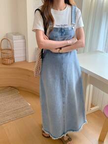 DAZY Abito salopette casual in denim da donna con tasche e design con orlo sfilacciato