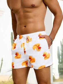 CoralVoy Men's Cartoon Duck Print Drawstring Waist Pocket Beach Shorts (Asymmetrical Cut), Hawaiian - White - View 3