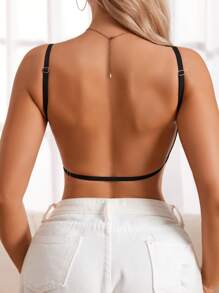 SHEIN 1pc Women Deep-V Neck Solid Color Spaghetti Strap Backless Casual Bra - Black - View 5