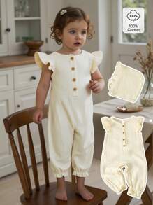 Baby Girls Sweet Lady Chiffon Cap Sleeve Jumpsuit With Flower Bud Ruffle Trim Hat Gift Set - Apricot - View 1