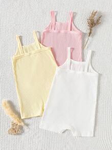 3pcs/Set Baby Girl Simple Solid Color Strap Vest Jumpsuit Set, Comfortable Pure Cotton, Summer Cotton Baby Clothes 100 Cotton Baby Clothes Cotton Clothes Baby Holiday Travel Releax Summer Clothes Cotton - Multicolor - View 2