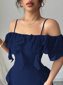 Modelyn Women's Fashion Elegant Off-Shoulder Seaweed Strip Ruffle Hem Bodycon Dress - Royal Blue - View 4