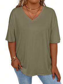 SHEIN LUNE Plus Size Summer Casual Loose Solid Color Short Sleeve T-Shirt - Olive Green - View 4