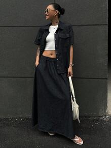 DAZY 2 件套女士夏季牛仔领短袖衬衫和长款 A 字裙，休闲学院风牛仔装 - 深色水洗藍 - 查看 2