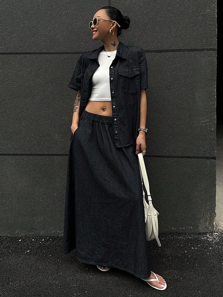 2pcs/Set Women Summer Denim Collar Short Sleeve Shirt And Long A-Line Skirt, Casual College Style Denim Outfit