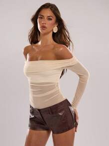 SHEIN BAE 女士露肩纯色性感透明网眼拼布荷叶边紧身衣，适合万圣节