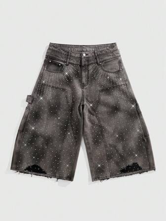 Grunge Punk Shorts de mezclilla de corte holgado y casual para hombre con detalles de strass
