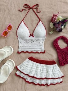 Soleia 女士假日休闲撞色露背吊带上衣和迷你裙两件套海滩度假装春夏女士西部音乐节波西米亚风 - 彩色 - 查看 7