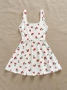 SHEIN EZwear 女士休闲 U 领无袖樱桃印花荷叶边迷你连衣裙（带衬里），适合夏季 - 彩色 - 查看 5