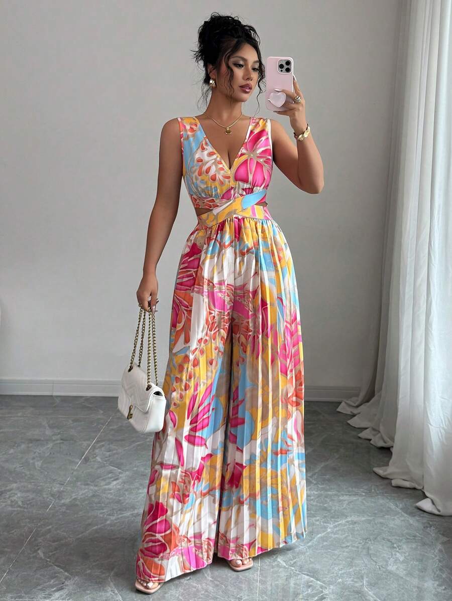 Elenzga Women's Floral Print Cinched Waist Jumpsuit With Pleating, Elegant For Vacation And Everyday Commuting - Multicolor - View 1
