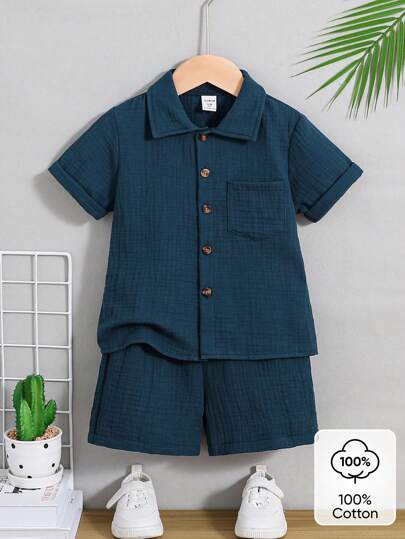 SHEIN 2pcs Set Young Boy Casual Simple College Style Cotton Short Sleeve Shirt And Shorts, Suitable For Daily Wear, College, Outing, Playing, Spring/Summer Getaway, Holiday, Travel, Relax, Sunbathing Summer Holiday