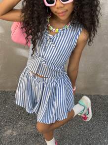 Coolane Kids Tween Girls Spring/Summer Streetwear Y2K Crop Tops Tank Tops Bubble Skirts Two Pieces Outfits - Blue and White - View 2