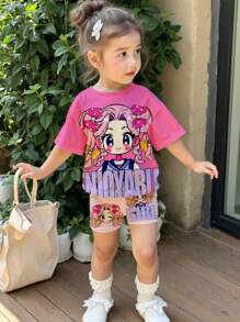 Baby Girl Cute Cartoon Pattern Knit Loose Short Sleeve T-Shirt And Elastic Waist Shorts Set For Summer - Multicolor - View 1