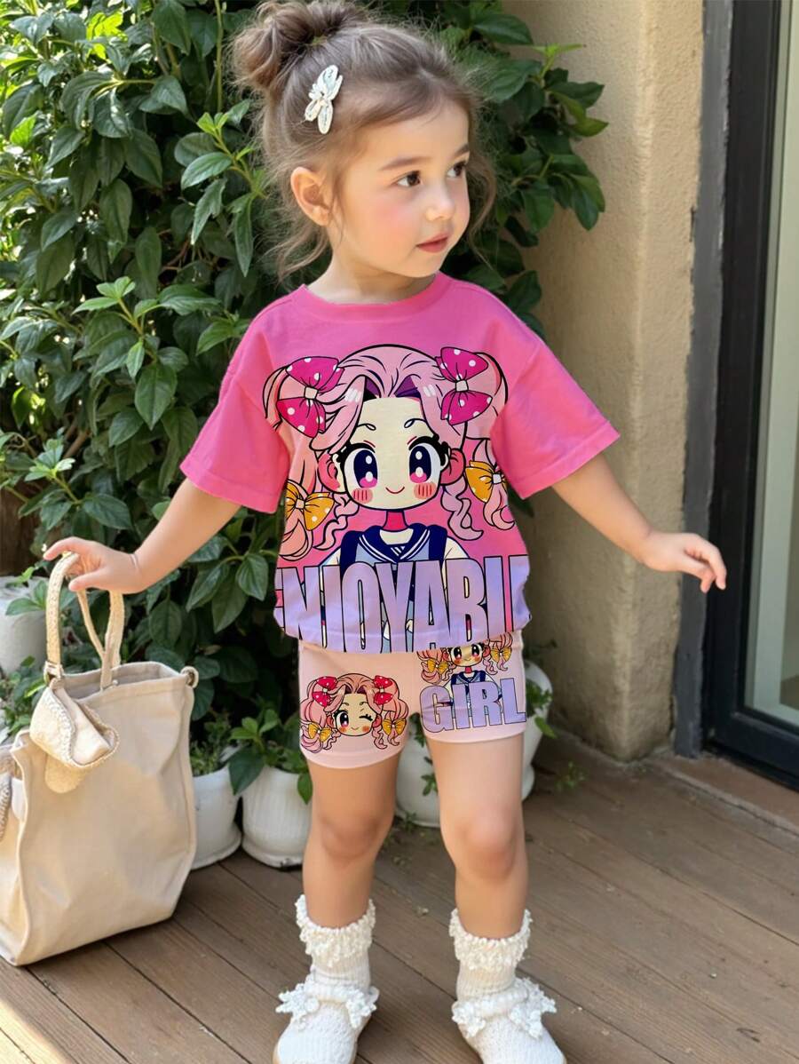 Baby Girl Cute Cartoon Pattern Knit Loose Short Sleeve T-Shirt And Elastic Waist Shorts Set For Summer - Multicolor - View 1