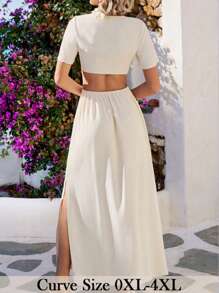 SHEIN VCAY Plus Size Women's V-Neck Short-Sleeved Tie-Bow Waist Cutout A-Line Maxi Dress, Summer Vacation Outfit, Women's Vacation Outfit, Women's Beach Outfit, Women's Vacation Outfit, Summer Outfit, City Short Trip Outfit, Bohemian Style. - Apricot - View 2