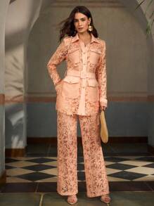 ZEYLAH 2pcs Set: Lace Utility Pocket Long Sleeve Shacket & Lace Wide Leg Pants - Pink - View 4
