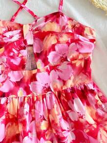 SHEIN Monos informales para niñas preadolescentes con estampado floral, lazo trenzado y tirantes cruzados