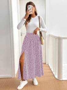 SHEIN Frenchy 女式碎花开叉下摆荷叶边长裙，时尚休闲夏季