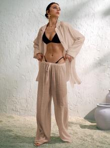 Swim Chiccia 1 件女式宽松度假海滩罩衫，轻盈半透明和服风格 - 卡其色 - 查看 4