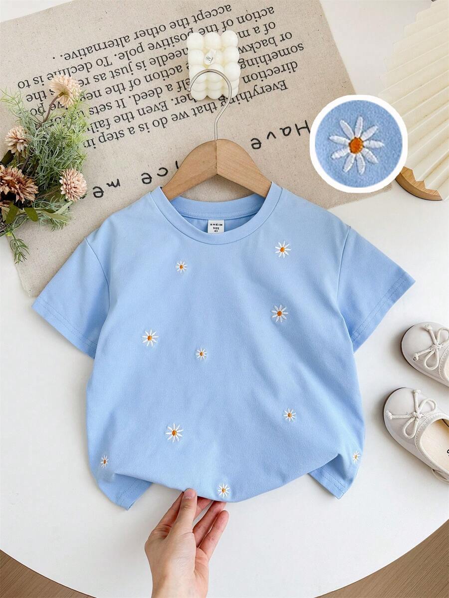 SHEIN LMoss Kids Áo thun cổ tròn rộng rãi thêu họa tiết cho bé gái - Màu xanh lam - Xem 1