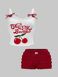 Kawaii 2pcs/Set Girls Casual Cherry Print Lace Insert Spaghetti Strap Cherry Decor Camisole Top And Ruffle Hem Super Short Shorts, Plus Size