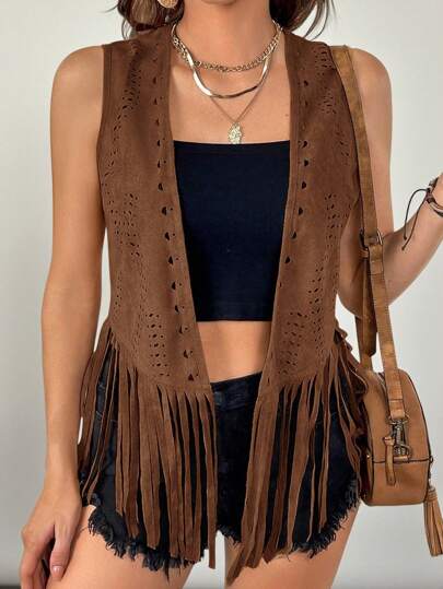 SHEIN VCAY Chaleco/chaqueta de mujer talla grande con estilo boho y western, de unicolor con parches y flecos en el bajo, para usar en verano, otoño e invierno