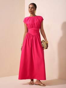 Zivah 2025 Spring/Summer New Plus Size Women Elegant Commute/Beach Vacation/Date/Party/Music Festival Co-Ord Solid Rose Red Round Neck Sleeveless Waist Splicing Pointed A-Line Ruched Maxi Dress - B Pink Long Dress Hot Pink Dress Solid Color Dress - Hot Pink - View 3