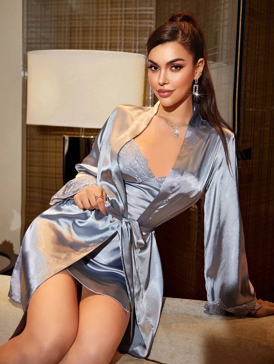 SilkySpell Bộ đồ ngủ Pijama màu trơn cho nữ, váy yếm và áo choàng có thắt lưng, trang phục đi nghỉ, thu đông, ấm áp và thanh lịch - Màu xanh bụi bặm - Xem 1