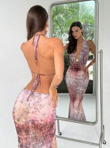 Aloruh Women's Color Block Full Print Draped Neck Sleeveless Fitted Dress Summer Summer Outfits Summer Clothes Beach Outfits For Woman  Beach Vacation Vacation Outfits Woman Boho Tropical Vacation Woman Clothe Tropical Vacation Woman Clothe Western Wear Women Western Gyaru Floral Backless