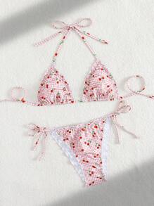 Swim Mod 2 Pieces Cherry Random Printed Tie Front Ruffled Swimsuit For Women For Summer Beach Vacation - Multicolor - View 4