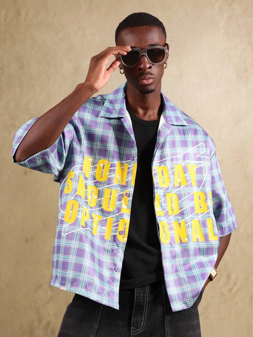 SUMWON Camisa holgada y cuadrada con botones, a cuadros, de estilo urbano, informal, de uso en fin de semana, con gráficos declarativos, de manga corta, para verano y primavera