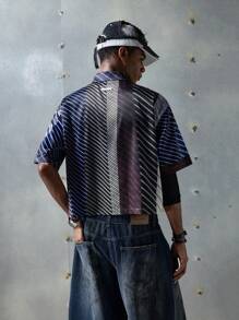NEON BLANC Men's Street Style Woven Striped Tie And Letter Print Short Sleeve Shirt, Suitable For Summer