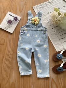SHEIN Peto vaquero lavado azul claro con estampado de margaritas en estilo casual, lindo y campestre para niña bebé - Lavado ligero - Ver 7