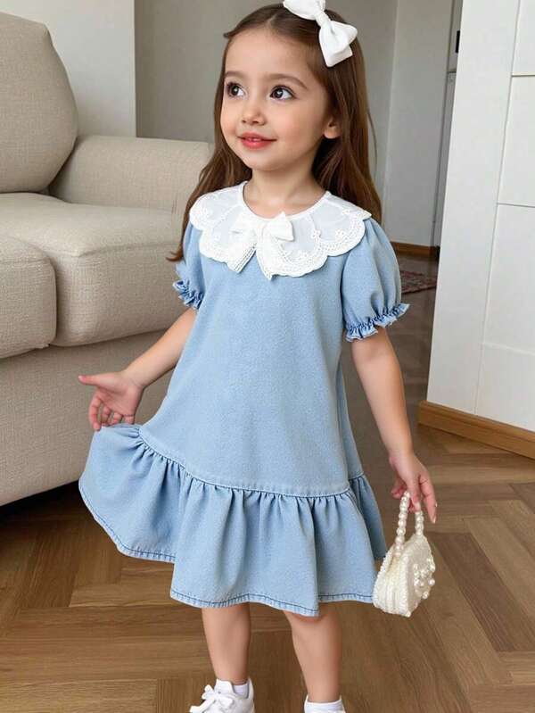 SHEIN Girls Cute Embroidery Peter Pan Collar Puff Sleeve Lace Bow Ruffle Hem Denim Dress