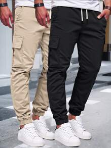 Manfinity Homme Pantalones cargo casuales de hombres con decoración de cordón en la cintura