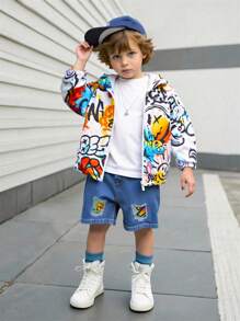 SHEIN 1pc Young Boy Casual Street Graffiti Printed Long Sleeve Jacket, Fashion Leisure Design, Suitable For 4-7 Years Old Boys To Wear Daily, Summer Fall Winter