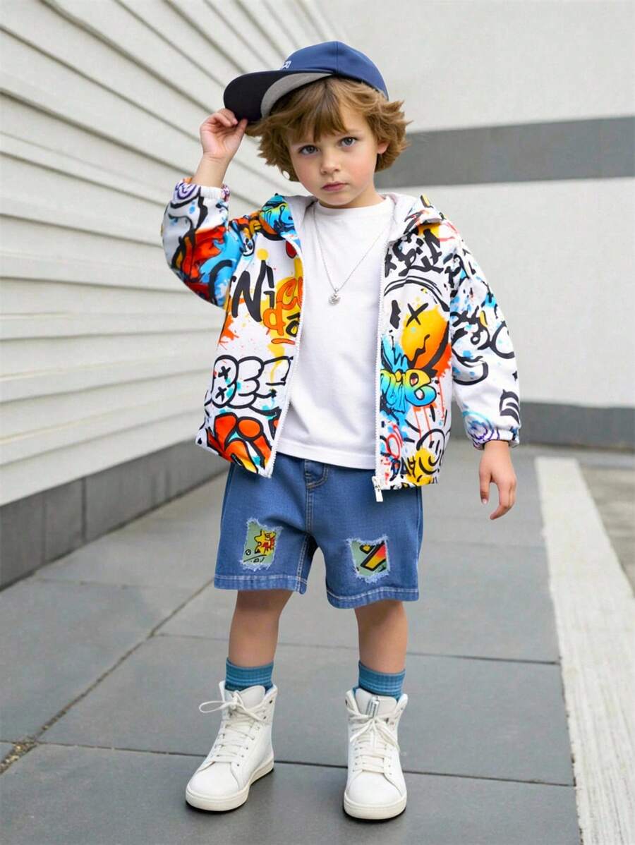 SHEIN 1pc Young Boy Casual Street Graffiti Printed Long Sleeve Jacket, Fashion Leisure Design, Suitable For 4-7 Years Old Boys To Wear Daily, Summer Fall Winter