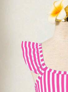 Young Girls Beach Vacation Striped Print One-Piece Swimsuit (Print Random) - Hot Pink - View 6