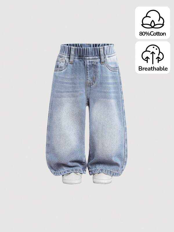 SHEIN Toddler Girls Casual Basic Cute Blue Loose Wide-Leg Jeans, Infant & Baby Girl Autumn Winter Denim Pants,Fleece And Thicken Clothing