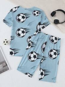 Set de 2 piezas de camiseta de manga corta con estampado gráfico de fútbol y pantalones cortos casuales ajustados para adolescentes varones
