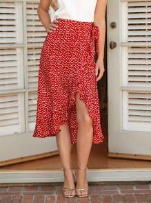 SHEIN Clasi Falda ribete con fruncido cruzado con nudo lateral - Rojo - Ver 4