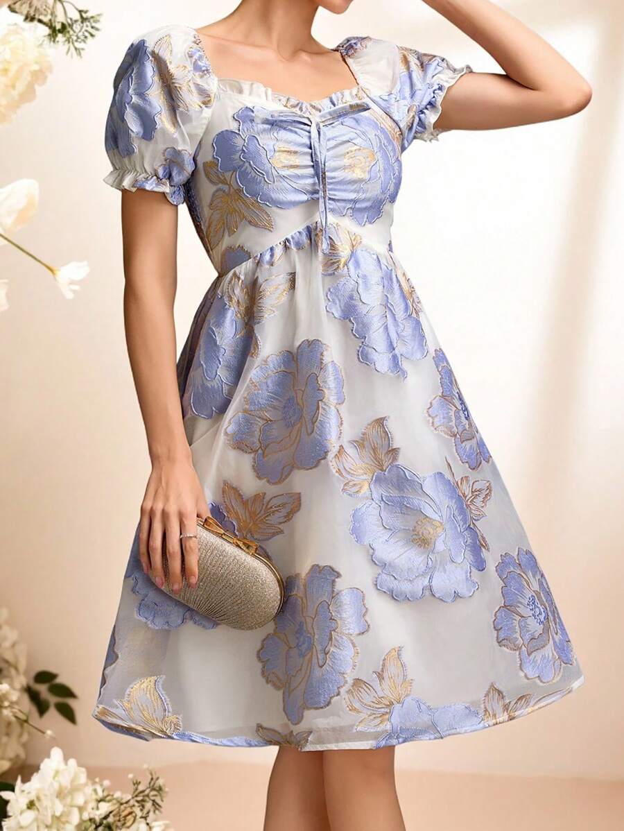 Women's Blue Floral Print Casual Long Dress With Short Sleeves - Blue - View 1