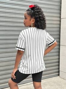 SHEIN 女童两件套：休闲条纹图案 89 印花上衣和紧身裤 - 黑色 - 查看 2